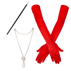 LUTER 1 Set Pearl Necklace Red Gloves and Plastic Holder Costume Accessories Set Opera Evening Party 1920s for Fancy Dress Women Parties Balls Cosplay, M