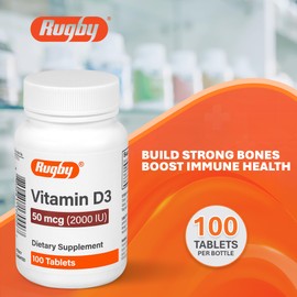 Rugby Vitamin D3 2000 IU (50 mcg) - Gluten-Free Daily Vitamin D Dietary Supplement for Bone, Teeth, and Immune Health 100 Tablets