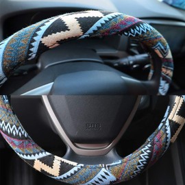 SHIAWASENA Car Steering Wheel Cover, Coarse Flax Cloth, Ethnic Style, Universal 15 Inch Fit, Anti-Slip Sweat-Absorbent (I#)