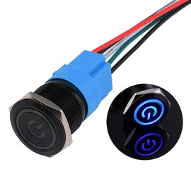 JIQI 22 mm Pressure Switch 12 V to 24 V 5 A Waterproof Latching Switch Made of Aluminium Alloy IP66 1NO1NC Pre-Wired Black On/Off Switch with Power Symbol LED for Motorcycle Boat Truck RV (Blue)