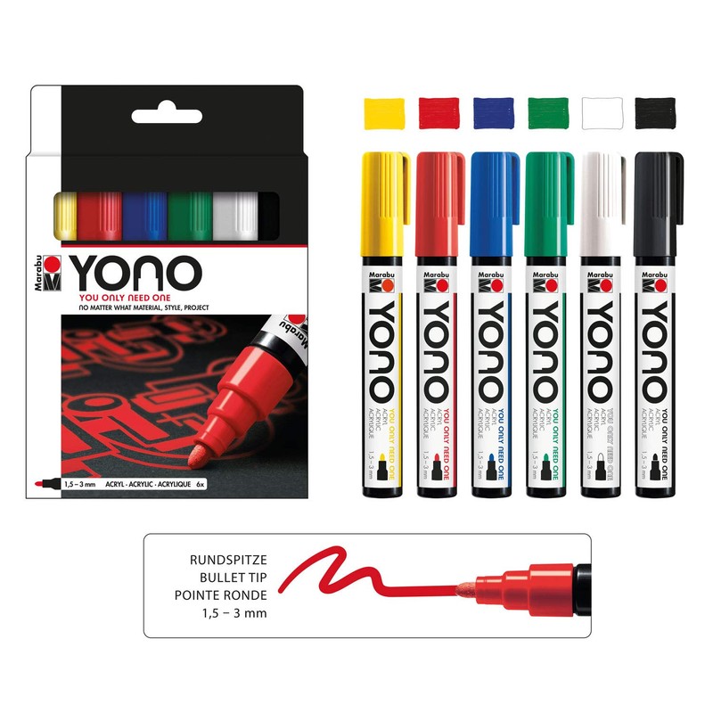 Marabu Yono Marker Pen, Bullet Tip, (1.5-3mm), Yellow, Cherry, Dark