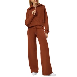 XIEERDUO Lounge Sets For Women 2 Piece Sweatsuits Outfits Kangaroo Pocket Half Zip Sweatshirt And Wide Leg Sweatpant Brown XS