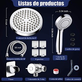 Regaderas para Baño,Combo de 6''Cabezal de Ducha de Lluvia de Alta Presión y 9''Shower Head de Mano,con Manguera de 58''y 3 Modos,con Botón de Control de Flujo,Boquilla Autolimpiante,para Baño,Hotel