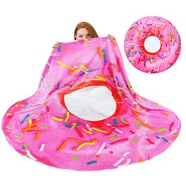 Donut Blanket, Novelty Round Blanket, Blanket Food Pattern for Adult and Kids, Funny and Soft Flannel Donut Plush Blanket for Indoors, Outdoors, Travel, Home (Style 3, 63 inches)