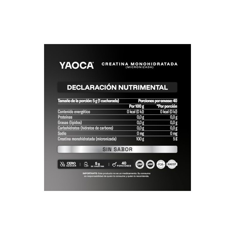 YAOCA I Creatina Monohidratada I Micronizada I 200g I 40