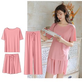 WKYHLGKL Women's Pajamas, Summer, Short Sleeve, 3-Piece Set, Room Wear, Loungewear, Top and Bottom Set, Cool, Breathable, Loose, Skin-friendly, Pink