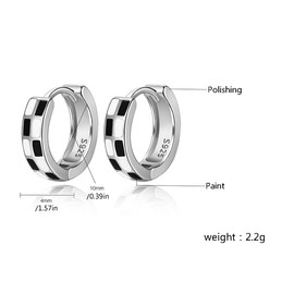 Cute Checker Small Hoop Earrings for Women Teen Girls Cartilage Dainty Sterling Silver Plated Black White Enamel Round Circle Huggie Hoops Hypoallergenic Hooped Fashion Trendy Jewelry Gifts 10mm