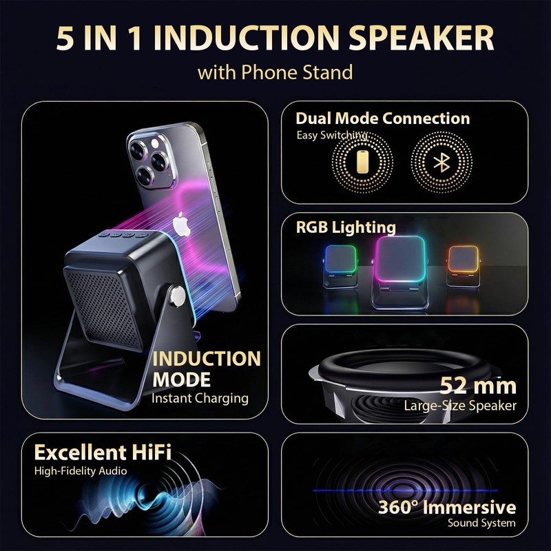 5-in-1 Bluetooth Speaker with Wireless Induction & Phone Holder, 5000mAh