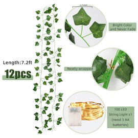 RECUTMS Ivy Fake Vines for Room Decor 12 Pack 86 FT Artificial Plant with 100 LED String Light Bedroom Aesthetic Hanging Greenery Garlands Backdrop Leaves for Wall Wedding Party Home Garden Decor