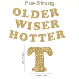 Neyeidru 3pcs Pre-Strung Older Wiser Hotter Banner Funny Gold Glitter Birthday Bunting Sign for Women Men 30th 40th 50th 60th 70th 80th Birthday Party Decorations