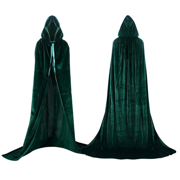 Proumhang Green Hooded Cloak Maxi Cape Velvet Adult Costume Grim Reaper Vampire Party Halloween Costumes 150 cm