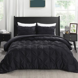 downluxe Pintuck Twin Comforter Set with 1 Pillow Sham - 2-Piece - Black Twin Bed Comforter Set for All Seasons, Pinch Pleat Microfiber Down Alternative Bedding Comforter Sets