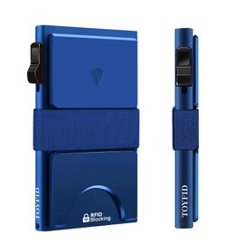 TOYFID Slim Wallet for Men, Metal Card Holder, Minimalist Pop Up Men's Wallet, RFID Blocking Business Card Holder with Backplate and Money Strap for Quick Card Access, blue, Modern