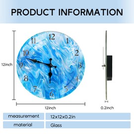 Britimes Round Wall Clock Silent Non-Ticking Battery Operated Glass Decorative Clock 12 Inch, Blue Marble Modern Home Decor for Living Room, Kitchen, Bathroom, Bedroom, and Office