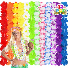 Luau Party Decorations, 12PCS Leis for Luau Party Necklace Decor, Hawaiian Leis Colorful Tropical Theme Clothing Accessories, Hawaii Flower Lays Garland Summer Pool Birthday Favors Supplies