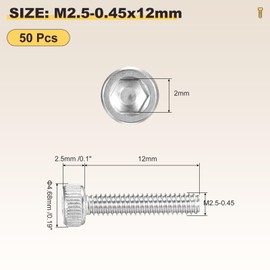METALLIXITY Socket Head Cap Screw(M2.5-0.45x12mm) 50Pcs, 304 Stainless Steel Allen Socket Drive Metric - Machine Internal Hex Screw UNC Coarse Thread, Silver Tone