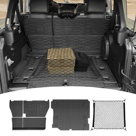 JTYZSM Cargo Mats with Net for 2018-2025 Jeep Wrangler JL Unlimited 4X4 Accessories All Weather Protection Rear Seat Back Cover Trunk Liner Cargo Net for 18-25 JL JLU Gas Type 4 Door(Not for 4XE)