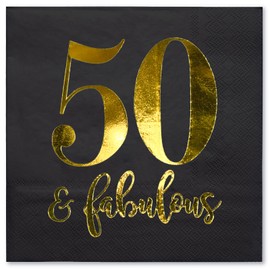 WRAPAHOLIC 50Pcs Black Gold 50 Fabulous Birthday Napkins - 3-Ply Disposable Paper Cocktail Napkin for Birthday Tableware Party Supplies - 5 x 5 In