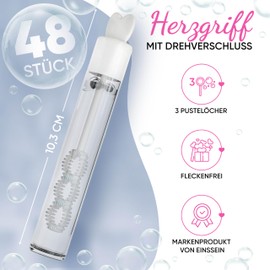 48 pieces EinsSein® Wedding Bubble Blowers, Love Pots White For Weddings Soap Bubble-blowing Set With Heart Handle, Liquid Available In Sets Of 24, 72, 96 Wedding Favours