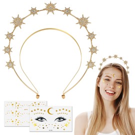 Headband Stars Carnival Stars Headband Gold Crown with Rhinestones for Children Girls Women and Face Tattoo Stars Moon Sticker Goddess Headband Christmas for Carnival Birthday Christmas Party