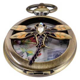 Brown Diamond-Encrusted Dragonfly Quartz Pocket Watch,Charming Necklace Women's Pendant Chain Fob Pocket Watch with Chain