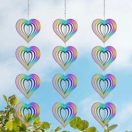 Rainbow Metal Wind Spinners Outdoor Garden Yard Decor, Bird Scare Discs Reflectors to Keep Birds Away, Holographic Reflective Bird Devices Deterrents for Outside Patio Fruit Trees (Heart)
