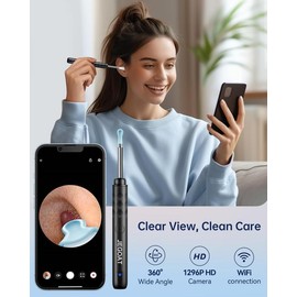 Ear Wax Removal Tool Camera, Ear Cleaner with Camera, 1296P HD Ear Scope, 6 LED Lights and 12 Ear Picks, Earwax Removal with Otoscope, Jet Black