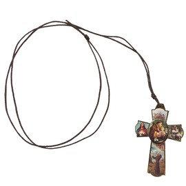 Saint Anthony Wood Cross Pendant with Sacred Heart and Cherub Angels on Cord, Catholic Necklace Jewelry for Men, 2 1/4 Inch