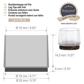 Adsamm® 4 x Chair Leg Caps with Felt / Transparent / Diameter 15 - 16 mm / Round / Felt Furniture Gliders for Round Chair Feet and Round Bevelled Chair Legs