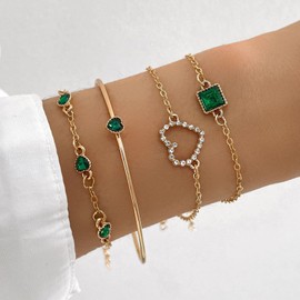 ZZ ZINFANDEL 4Pcs Gold Bracelets Bangles Set for Women,Punk Layered Stackable Gold Bracelets Open Cuff Wrap Bangle Chain Anklets Trendy Jewelry (Green)