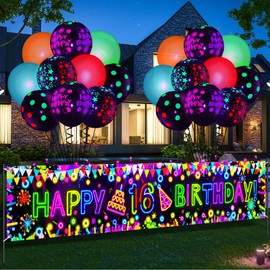 RUMIA Neon Birthday Party Decorations, Glow Banner & 20Pcs Fluorescent Balloons for 16th Birthday (UV Black Light Reactive)