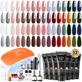 Modelones 133pcs Poly Nail Gel Kit, 32 Colors Fall Winter Complete Extension Gel Nail Kit with Nail Lamp Slip Solution Builder Nail Kits Nail Art Tools for Starter DIY Nail Supplies Kit