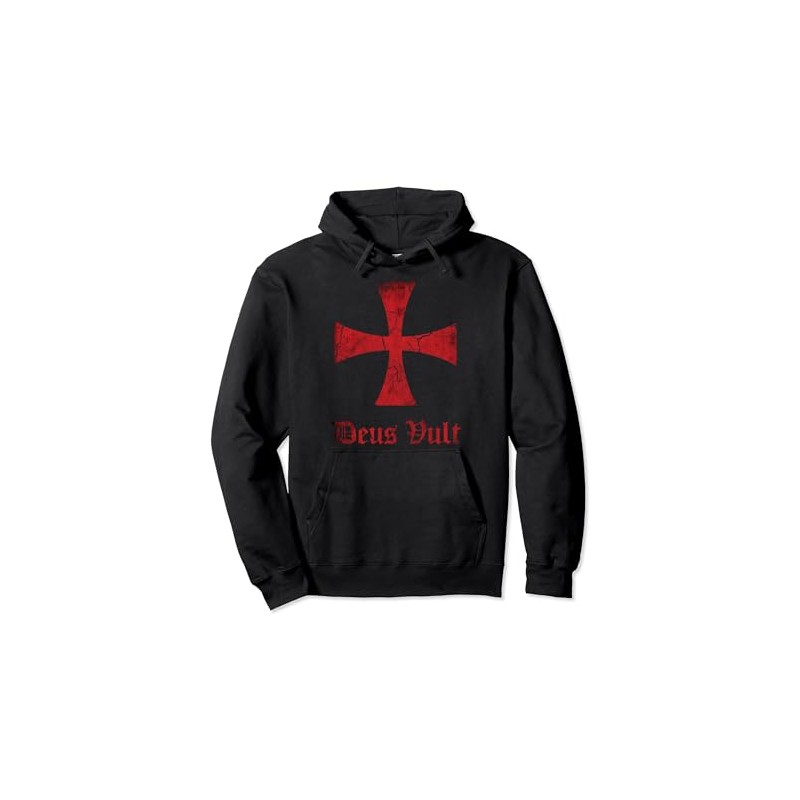 Distressed Deus Vult Knights Templar Cross, Crusader Pullover Hoodie