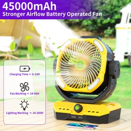 TDLOL 45000mAh Battery Powered Fan Rechargeable, High Velocity 360°Auto-oscillating Powerful Airflow Battery Operated Fans, Quiet & 8H Timer Christmas Decorations Outdoor Fan for Bedroom X66 Yellow