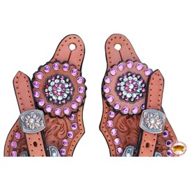 HILASON Western Leather Spur Straps Brown Floral Crystals Bling Pink