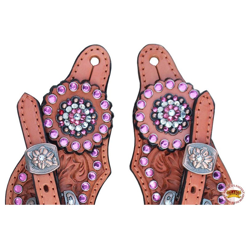 HILASON Western Leather Spur Straps Brown Floral Crystals Bling Pink