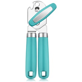 Rainspire Can Opener Manual Handheld Strong Manual Can Opener Smooth Edge Cut, Can Opener Heavy Duty, Comfortable Soft Handle, Built-in Bottle Opener, Turquoise