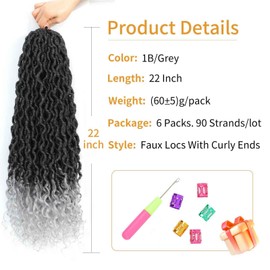 Faux Locs Crochet Hair 22 Inch Goddess Locs Crochet Hair Pre Looped Locs Crochet Hair for Black Women Soft Ombre Grey Faux Loc with Curly Ends(22 Inch,6 Packs,1B/Grey)
