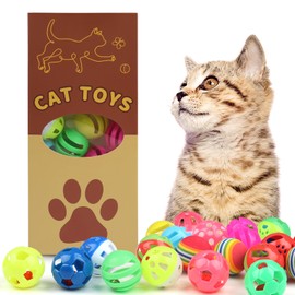 QUOZUO 24pcs Value Pack Plastic Ball Cat Toys Lattice Balls with Bell Jingle Kitten Toy Rainbow Ball, Gift Box Styles