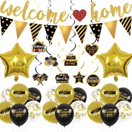 Welcome Home Decorations, Welcome Home Banner, Welcome Home Hanging Swirl, Gold Black Balloons for Welcome Back Theme Sign Party Supplies, Welcome Back Party Supplies