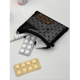 New Mini Heart Mesh Makeup Bag, Portable Velour Pouch, Multi-Functional Transparent Cosmetic Bag, All Seasons Casual Style:_Black_S
