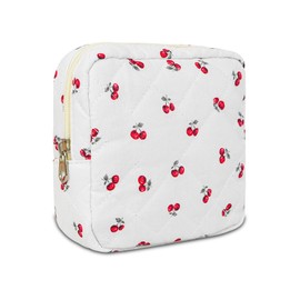 AMZMA Small Floral Quilted Makeup Bag, Coquette Aesthetic Travel Toiletry Organizer for Women, Lightweight Cotton Cosmetic Pouch