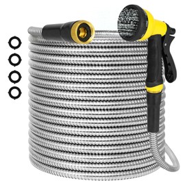 AMOOX Stainless Steel Metal 100FT Garden Hose, Flexible, Kink-Free, Lightweight, Crush Resistant Fittings Heavy Duty Water Hoses with Nozzles Water Hose for Yard, RV, Garden, Outdoor