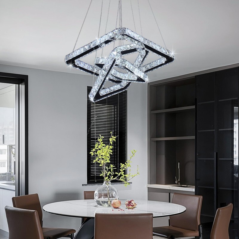diisunbihuo Modern Crystal Chandeliers LED Square 3-Rings Chandelier Pendant Lights