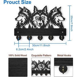 AIENAI Wolf Design Wall Mount Key Holder, 5 Metal Hooks, Solid Wood Coat Rack, 11.8x7.9 inches, Black