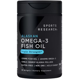Sports Research Triple Strength Omega 3 Fish Oil Supplement - EPA & DHA Fatty Acids from Wild Alaskan Pollock - Heart, Brain & Immune Support for Adults, Men & Women - 1250 mg Capsules (30 ct)