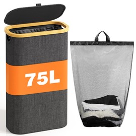 Bathola 75L Slim Laundry Hamper with Lid, Dirty Clothes Hampers for Laundry, Collapsible Laundry Baskets for Small Spaces, Bedroom, Bathroom, Laundry Room, Dark Grey