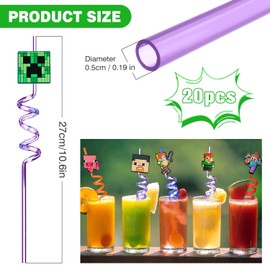 Lonimia 20pcs Pixel Themed Reusable Drinking Straws, 10 Designs PET, Unique Cartoon Animation Patterns, Perfect for Kids Parties