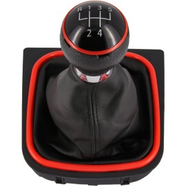 Gear Knob + Gear Stick Boot Set 5 Gears Suitable for VW Golf 5 + 6, 2003-2016, Plug & Play, Car Gear Lever Shift Gaiter, with Frame, Black - Red