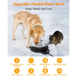 Heated Water Bowl for Dog & Cat, 3 Temperature Settings & 12H Timer, Outdoor Heated Pet Bowl with BPA-Free and 50oz Removable Stainless Steel Bowl, Anti-Chew Cord, for Chickens, Ducks, Birds